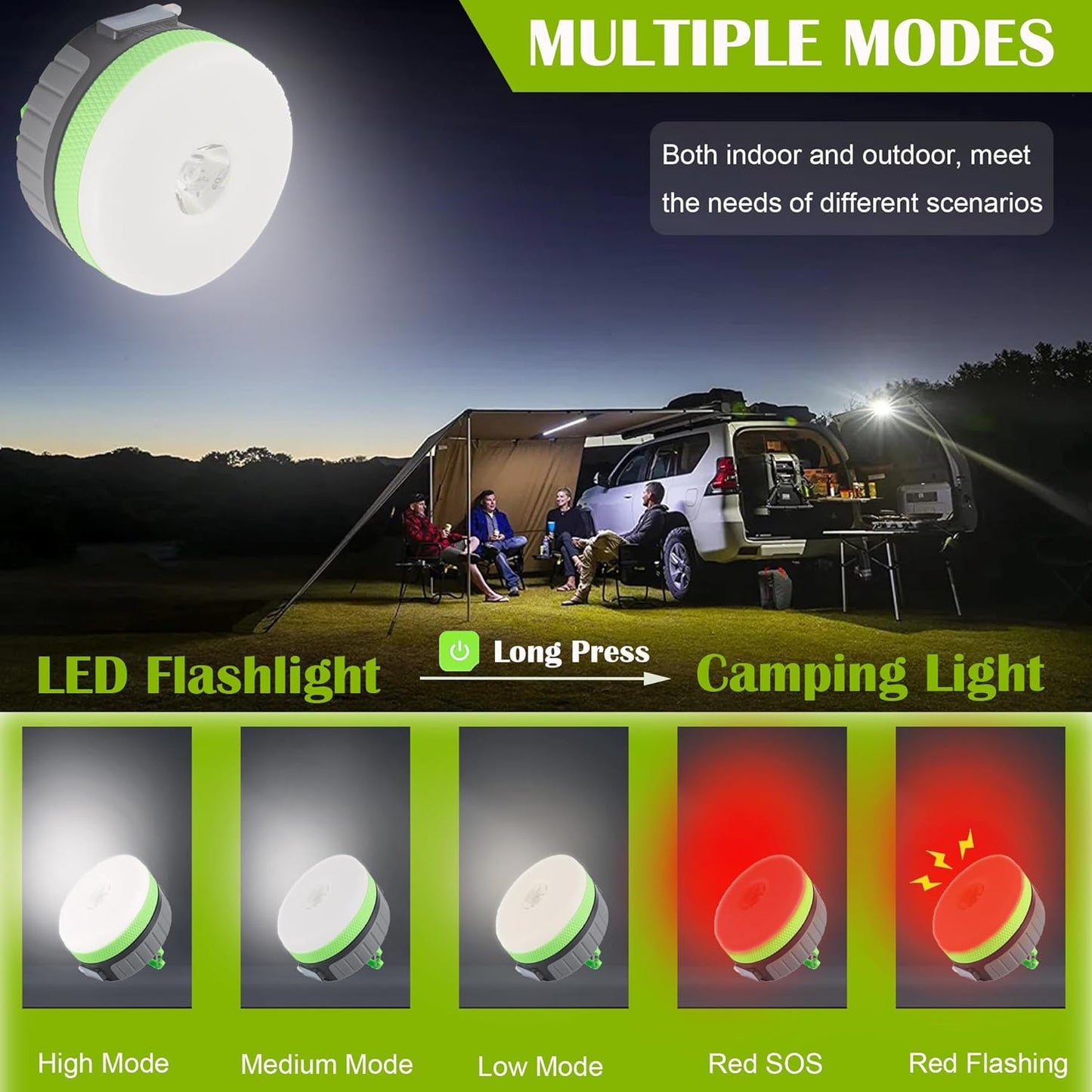 LED Camping Lantern, Rechargeable Light with Magnet Base, 2200 Mah, Survival Kit for Emergency, Hurricane, Outage, Medium Green, 1 Pack